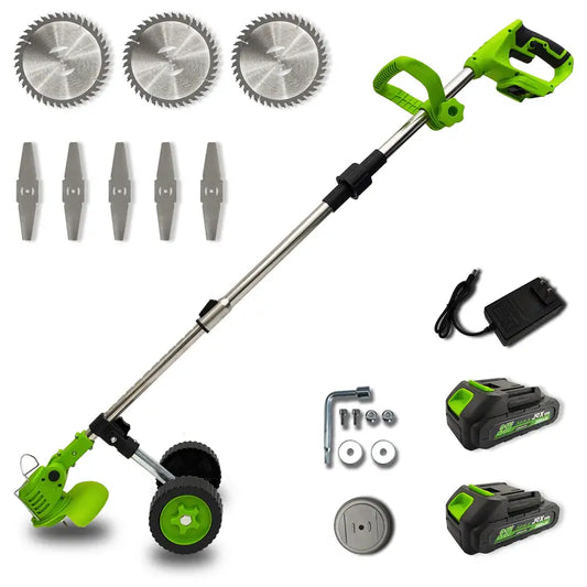 Cordless wheeled lawn mowers, telescopic tungsten carbide saw blades and metal blade brush cutters