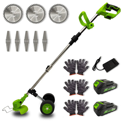 Cordless wheeled lawn mowers, telescopic tungsten carbide saw blades and metal blade brush cutters