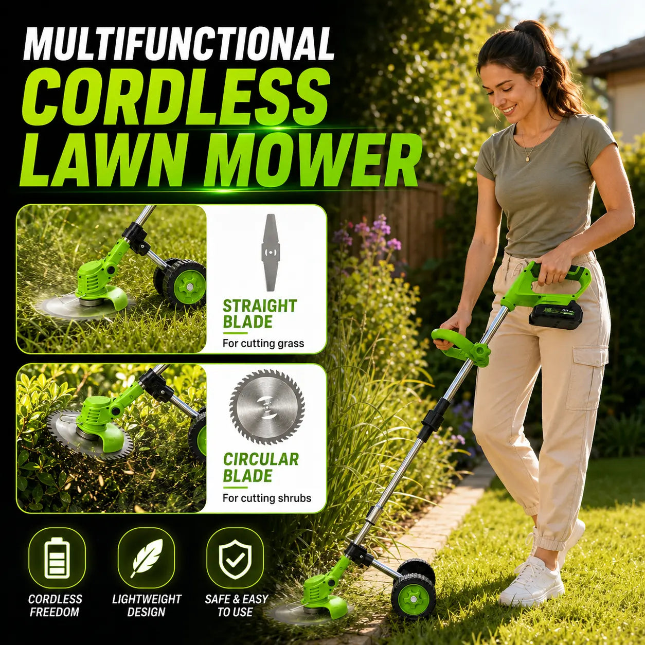 Cordless wheeled lawn mowers, telescopic tungsten carbide saw blades and metal blade brush cutters