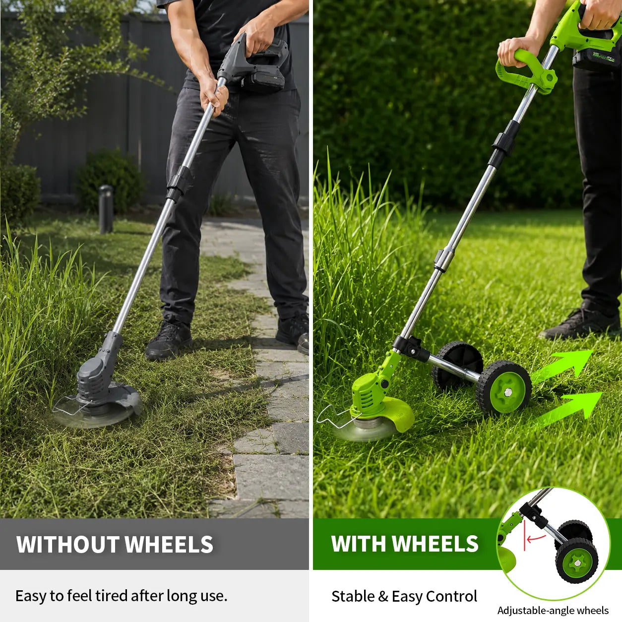 Cordless wheeled lawn mowers, telescopic tungsten carbide saw blades and metal blade brush cutters
