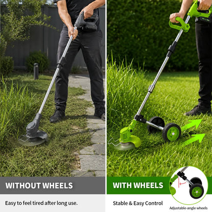 Cordless wheeled lawn mowers, telescopic tungsten carbide saw blades and metal blade brush cutters