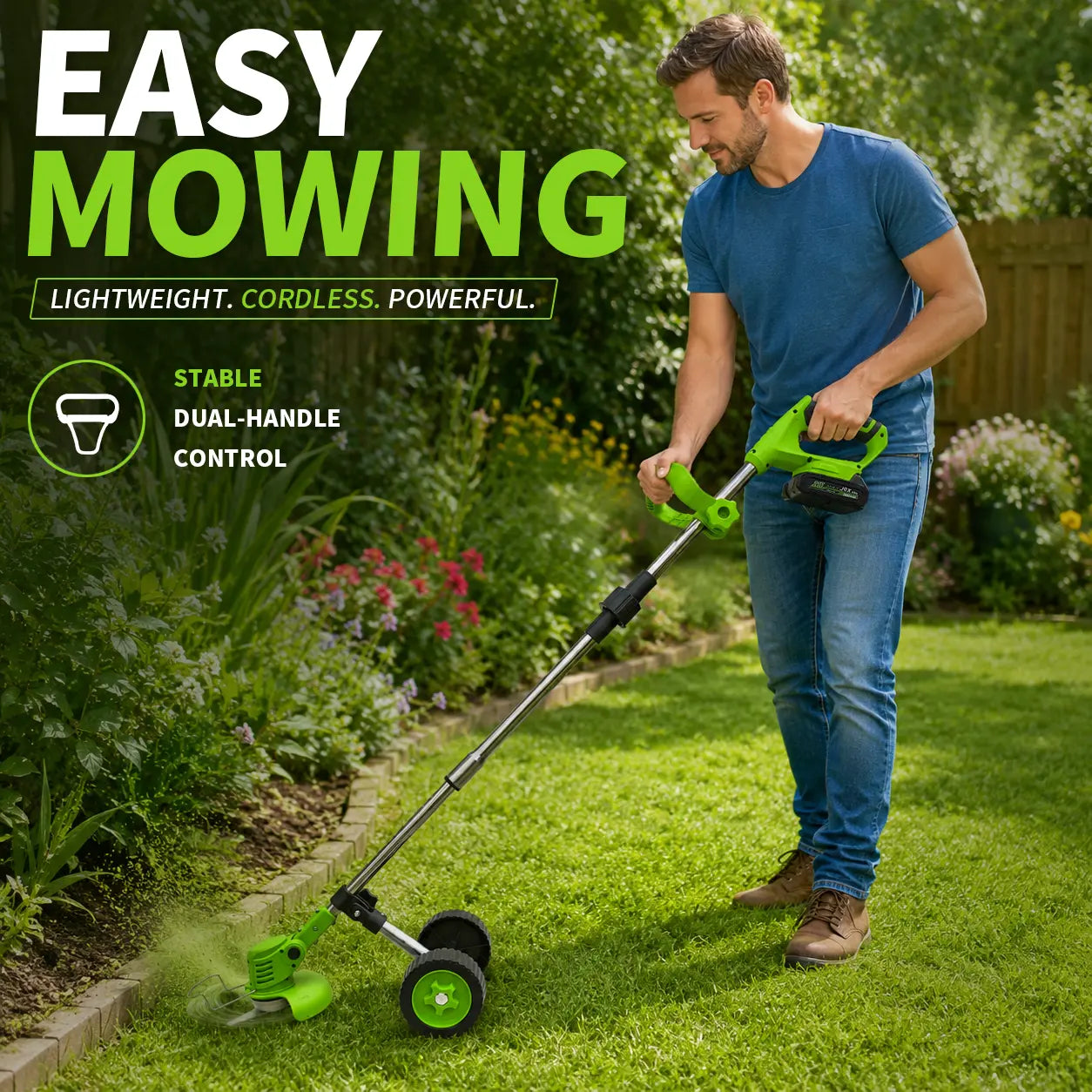 Cordless wheeled lawn mowers, telescopic tungsten carbide saw blades and metal blade brush cutters