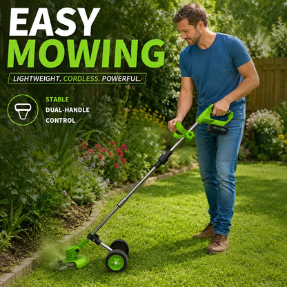 Cordless wheeled lawn mowers, telescopic tungsten carbide saw blades and metal blade brush cutters