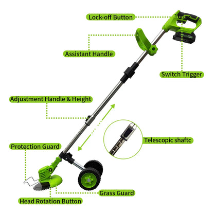 Cordless wheeled lawn mowers, telescopic tungsten carbide saw blades and metal blade brush cutters