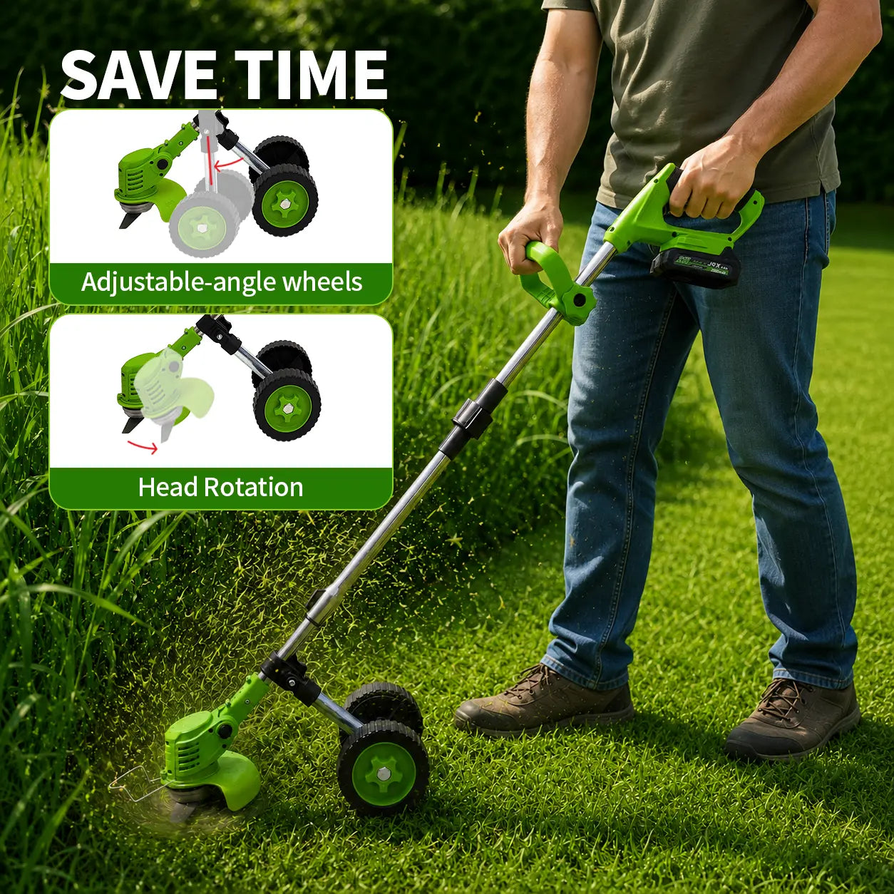 Cordless wheeled lawn mowers, telescopic tungsten carbide saw blades and metal blade brush cutters