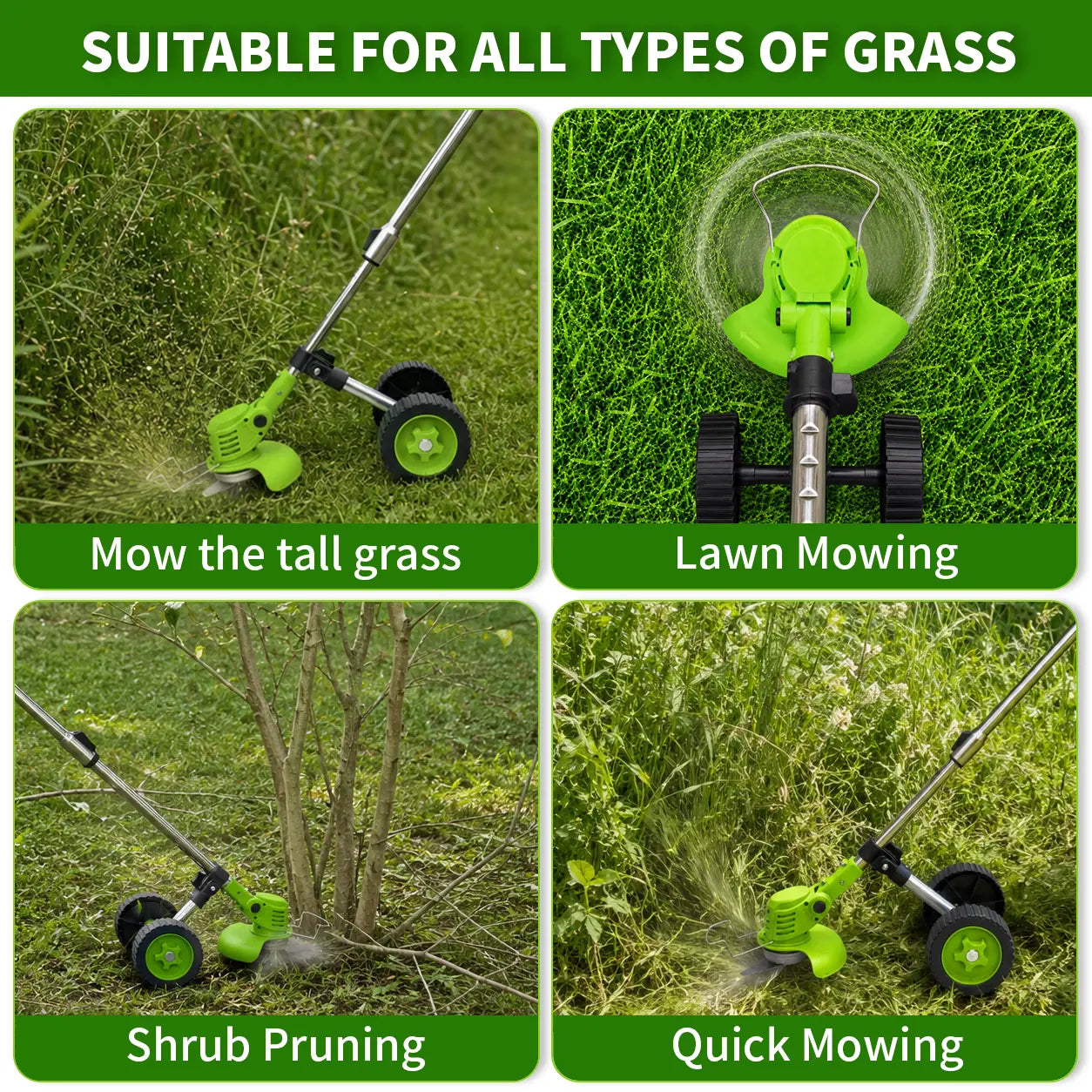 Cordless wheeled lawn mowers, telescopic tungsten carbide saw blades and metal blade brush cutters