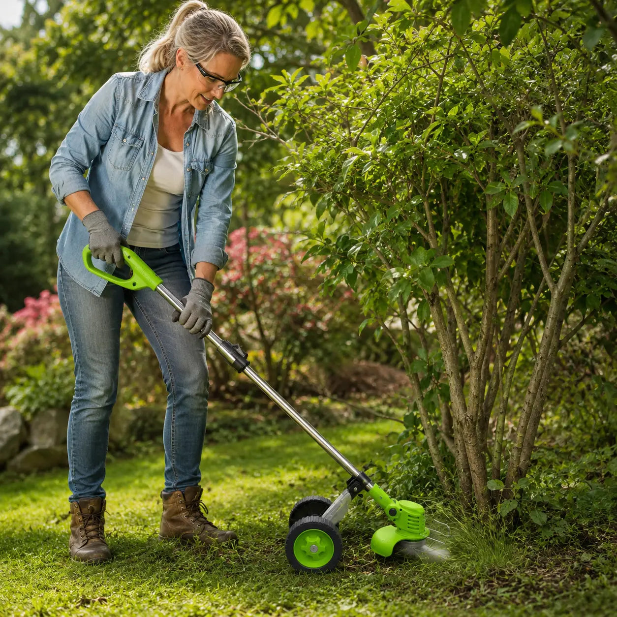 Cordless wheeled lawn mowers, telescopic tungsten carbide saw blades and metal blade brush cutters