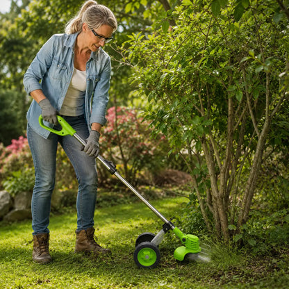 Cordless wheeled lawn mowers, telescopic tungsten carbide saw blades and metal blade brush cutters