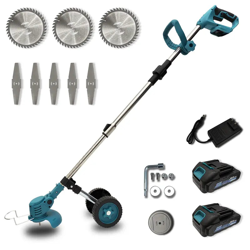 Cordless wheeled lawn mowers, telescopic tungsten carbide saw blades and metal blade brush cutters