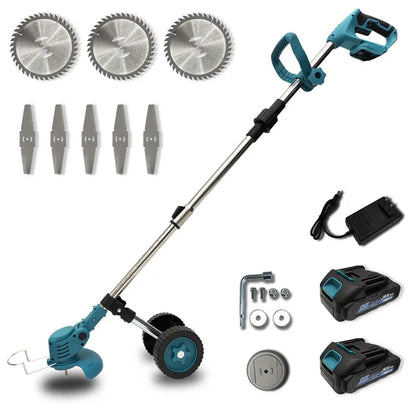 Cordless wheeled lawn mowers, telescopic tungsten carbide saw blades and metal blade brush cutters