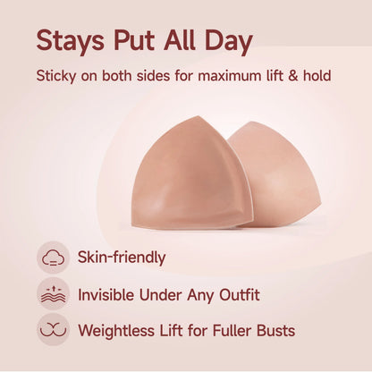 Invisible lifting and shaping bra pads that prevent wardrobe malfunctions and are reusable.