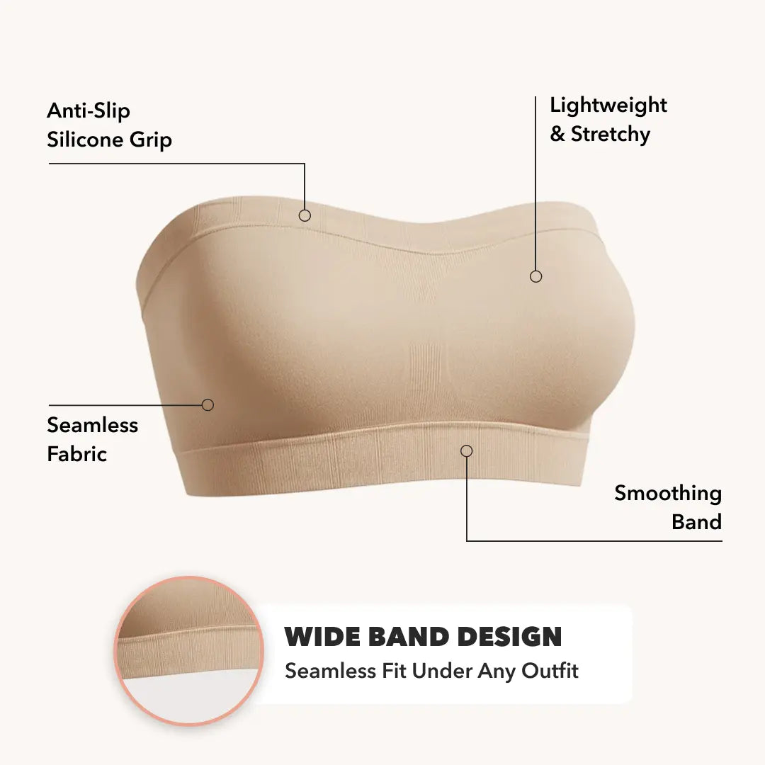 Convertible strapless bandeau bra, wire-free and comfortable, suitable for various outfits.